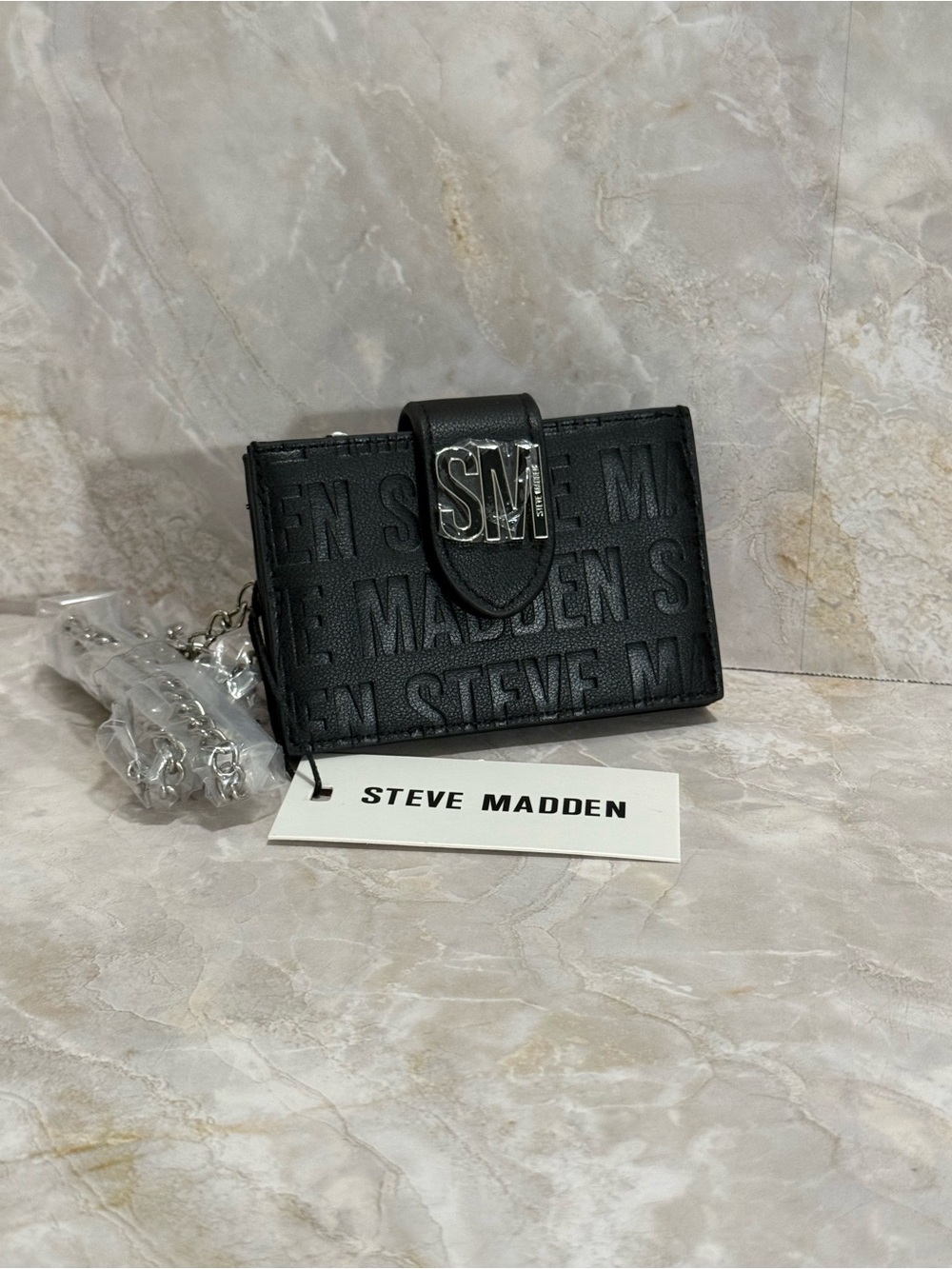 Steve Madden Black Embossed Logo Card Holder with Chain